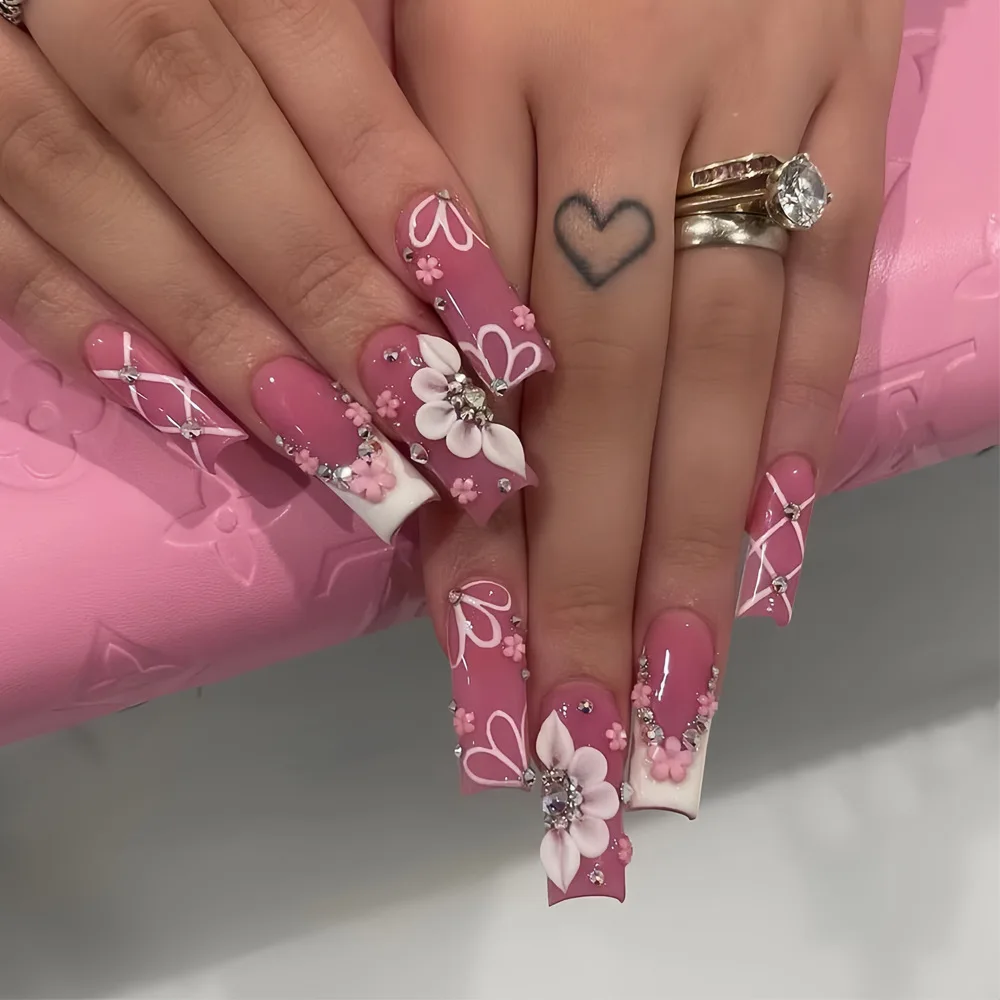 24 pz rosa balletto francese stampa sulle unghie con farfalla strass lunga bara unghie finte fiore indossabile unghie finte punta Manicure