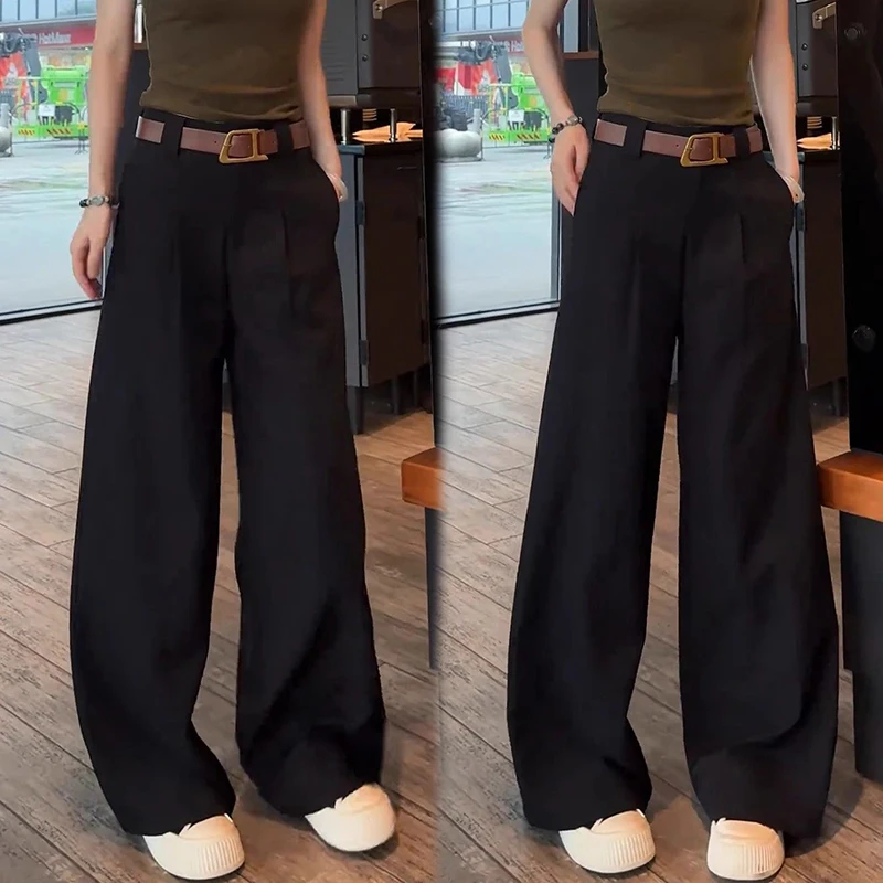 2025 outono novo high-end casual com cinto calças de perna larga mulheres cintura alta e sensação caída calças de perna reta