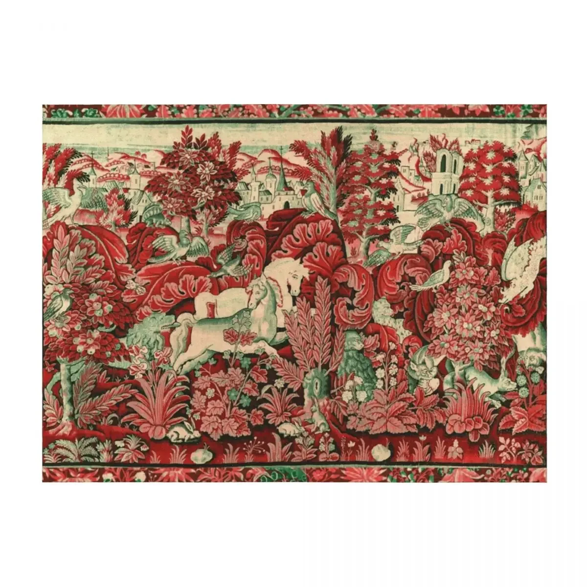 

FANTASTIC ANIMALS AND HORSES IN WOODLAND Red White Green Antique French Tapestry Throw Blanket Large Luxury Brand Blankets
