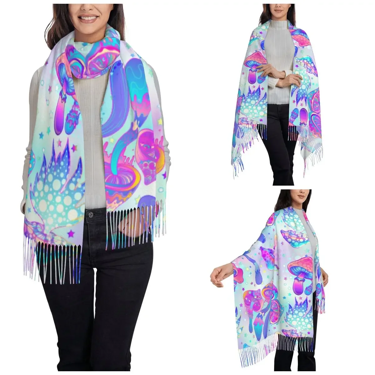 Womens Scarf with Tassel Psychedelic Mushrooms Large Winter Warm Shawl Wrap Magic Hippie Gifts Cashmere Scarf