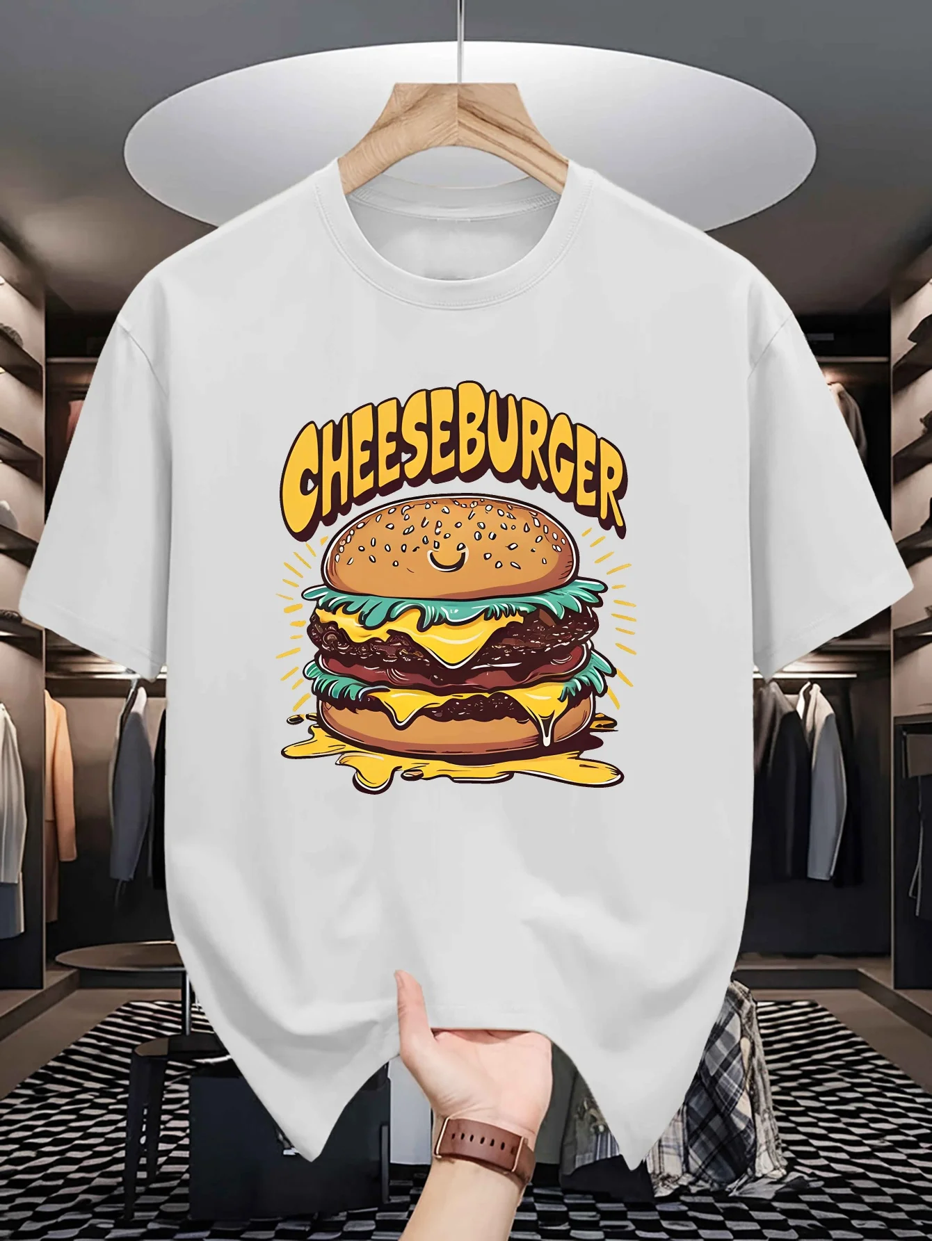 Mens Crew Neck T Shirt Retro Cheeseburger Cartoon Art Graphic Short Sleeve Casual Cotton Fast Food Hobby Lover Daily Tees