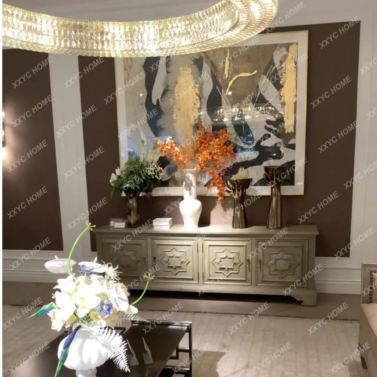 Classical country carved solid wood 2.2 meters TV cabinet oak furniture