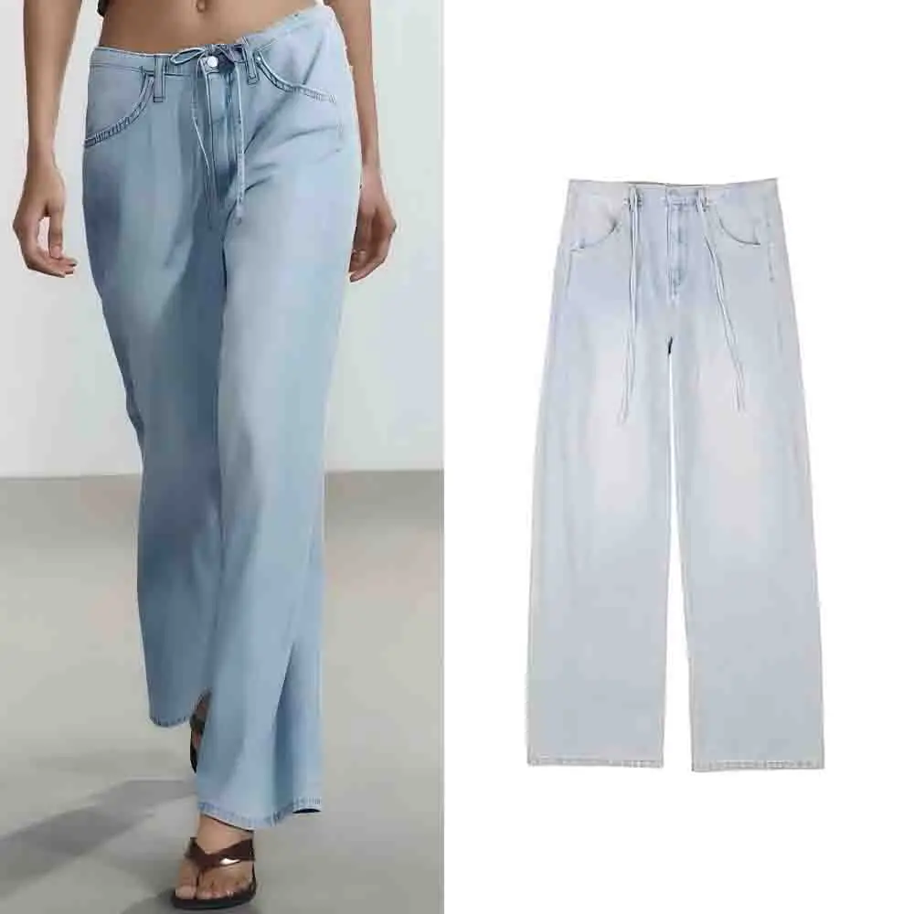 

women's chic Fashion washed effect loose comfortable draped lace up jeans retro mid rise straight leg women's jeans