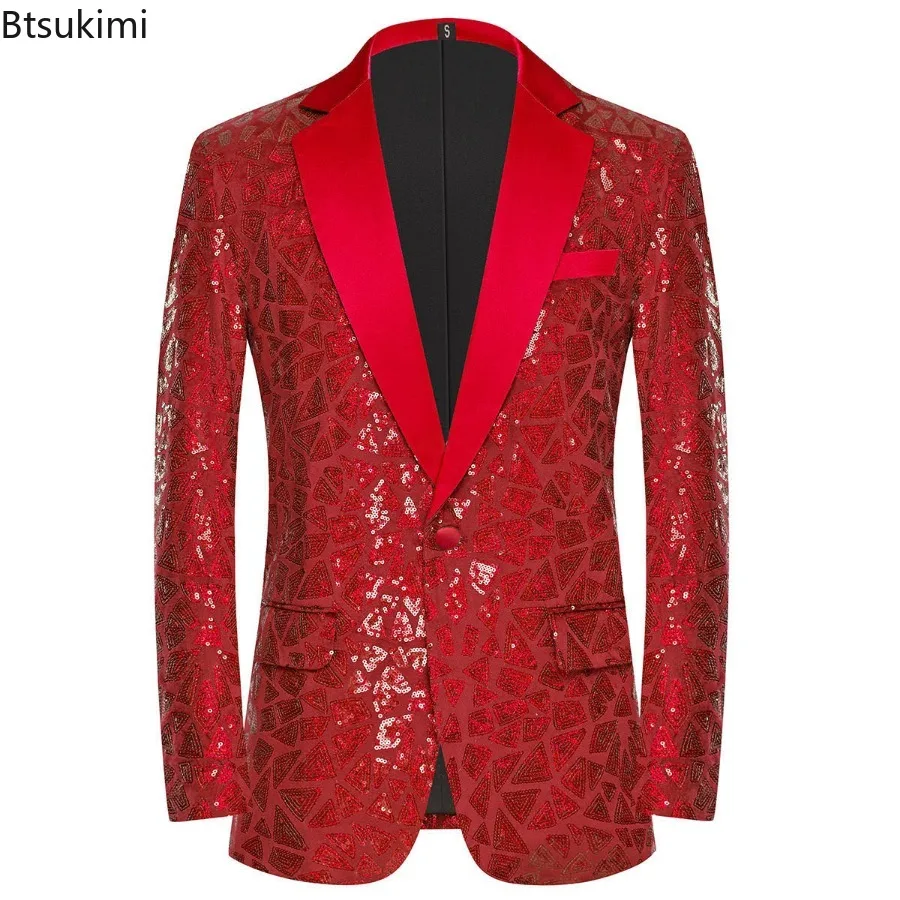 2024 Shiny Sequins Suit Coats Men's Fashion Evening Banquet Party Slim Fit Blazers Tuxedo Singer Stage Performance Host Costumes