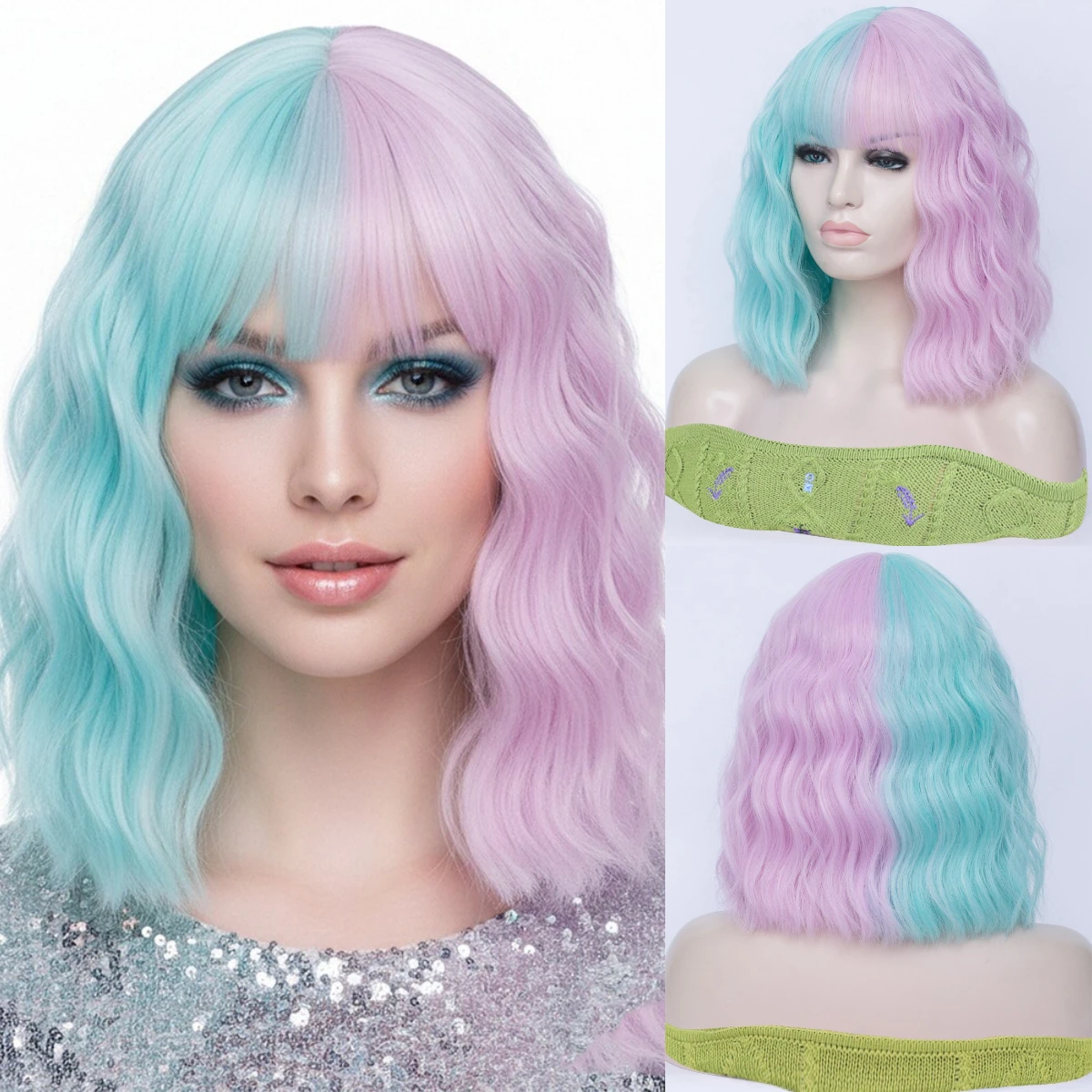 

Synthetic Short Curly Half Cyan Mixed Purple Split Color Bob Wig with Bangs for Women Cosplay Party Fake Hair Heat Resistant