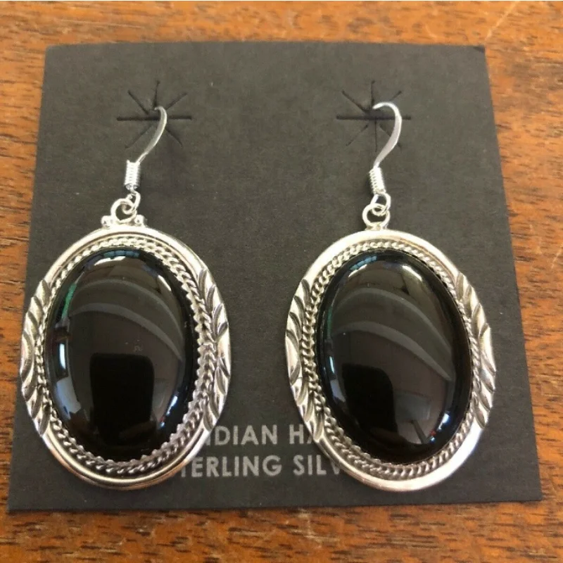 New Vintage Fashion Large Dang Black Onyx  Stone Hook Dangle Earrings Endless Earrings for Women Girls Gifts