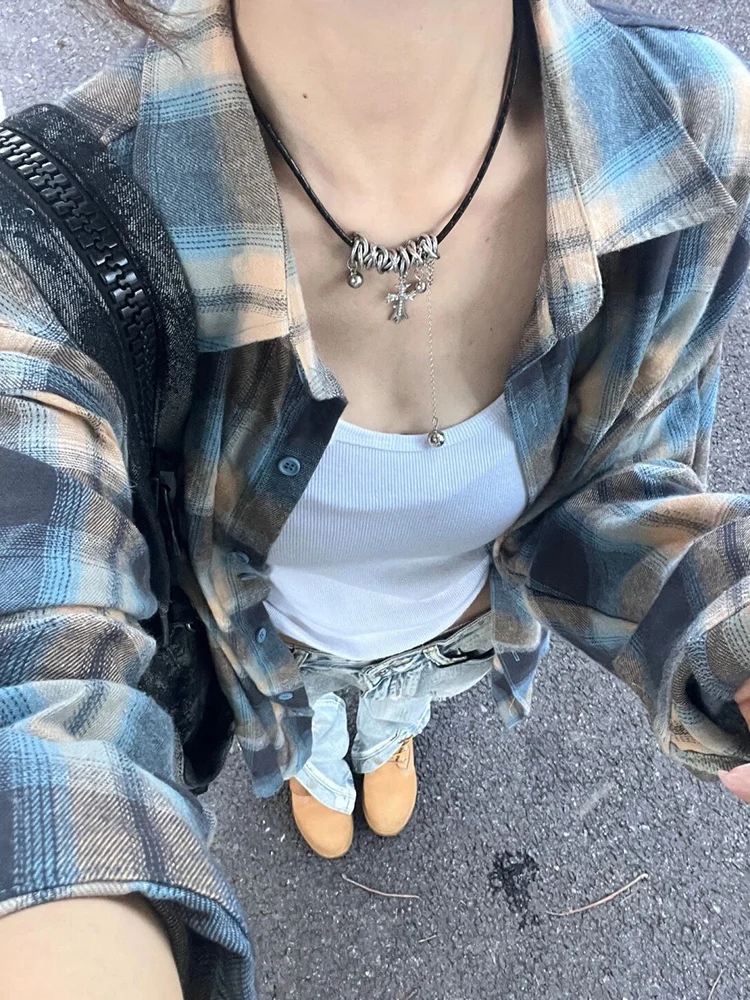 

plus Size Women's Shirt Korean Style Spring Autumn Plaid Loose Fit Conceal Meat Student Coat Casual Long Sleeve Button up