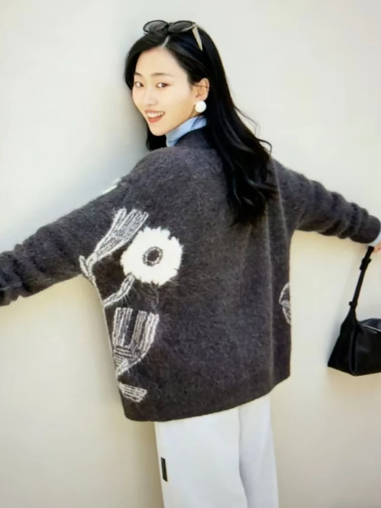 プリントセーターニットカーディガン女性グラフィティ V ネック長袖ニットストリートレディセーター新しい秋特大カーディガン