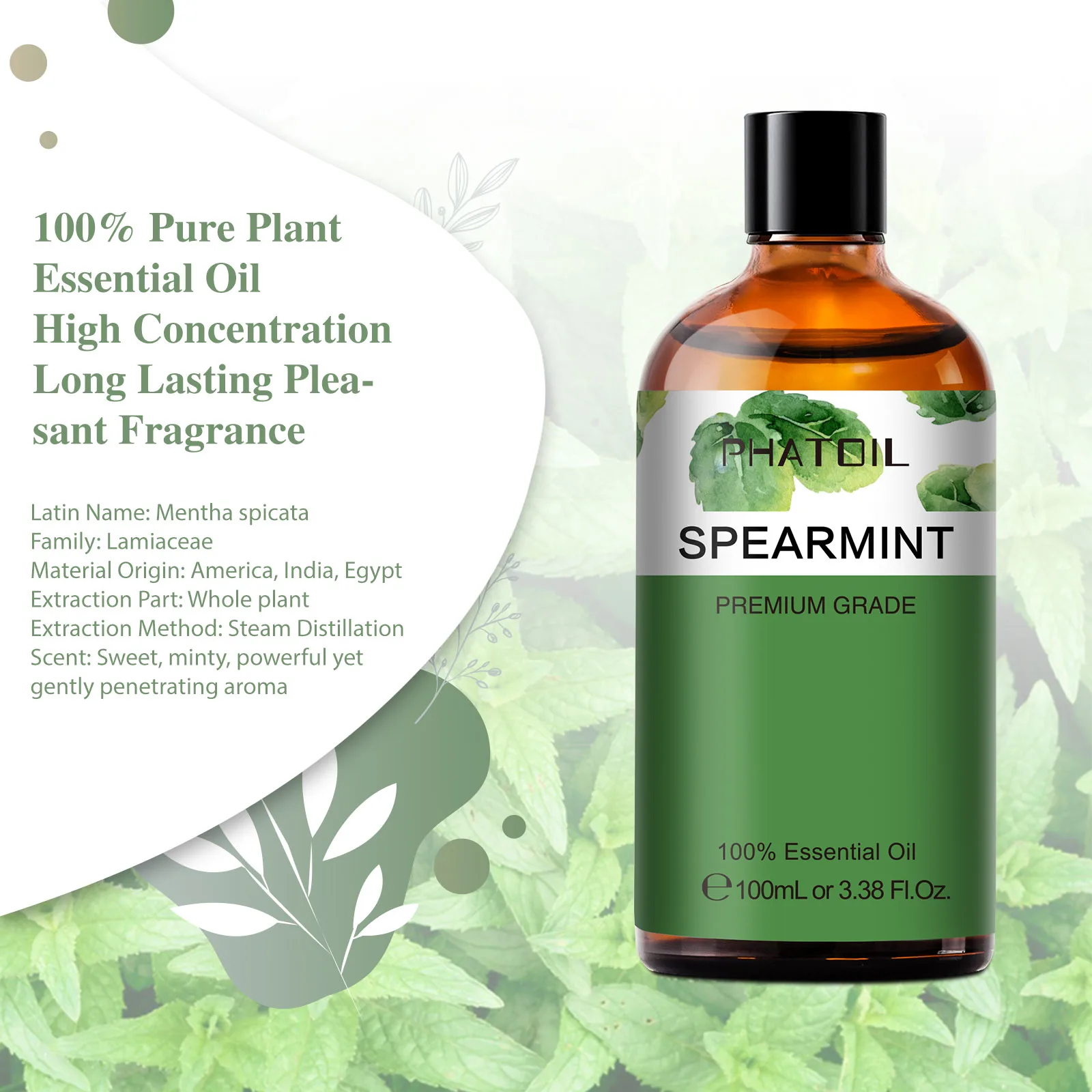 Phatoil Spearmint Pure Essential Oil for Diffuser Humidifier Relax Skin Care Massage Hair Growth Soap Candle Bath Bombs Making