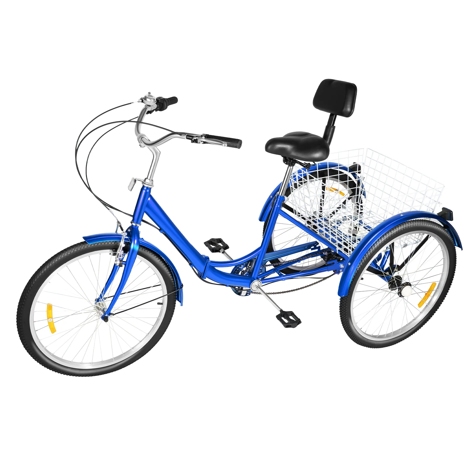 24 inch driewieler opvouwbaar ontwerp koolstofstalen frame blauw met rugleuning en mand in hoogte verstelbaar 7 versnellingen
