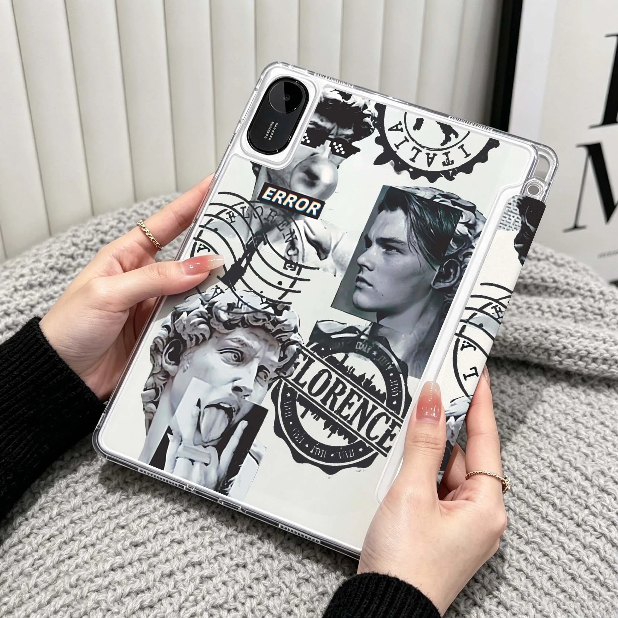 Greek Statue Collage For Xiaomi Redmi Poco Pad 5 6 7 8 Pro SE 11 11.2 12.1 Inch Transparent Y-Shaped Folding Tablet Case