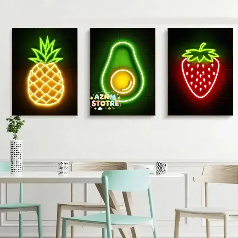 Pineapple Strawberry Banana Peach Fruit Neon Sign Poster Canvas Painting Print Wall Pictures Restaurant Kitchen Bar Room Deco
