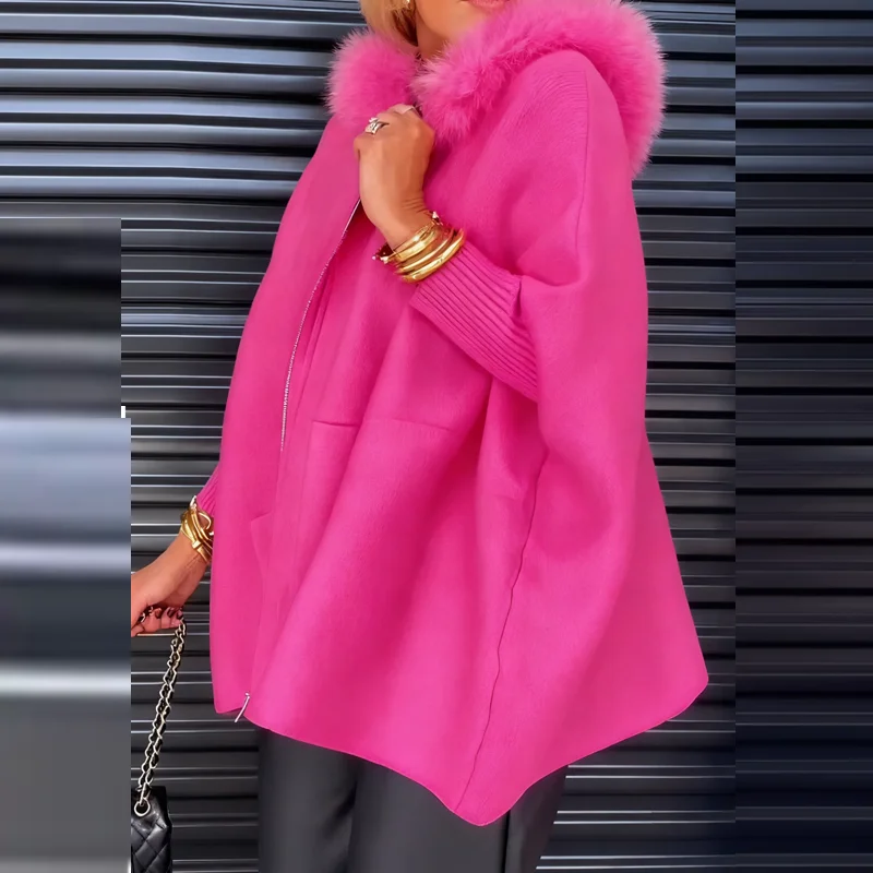 เสื้อแจ็คเก็ตคาร์ดิแกนไหมพรมมีฮู้ดแต่งขนสัตว์สำหรับฤดูหนาว  ทรงหลวม แขนทรงค้างคาว มีกระเป๋า สไตล์ลำลอง วินเทจ เหมาะสำหรับใส่เที่ยว