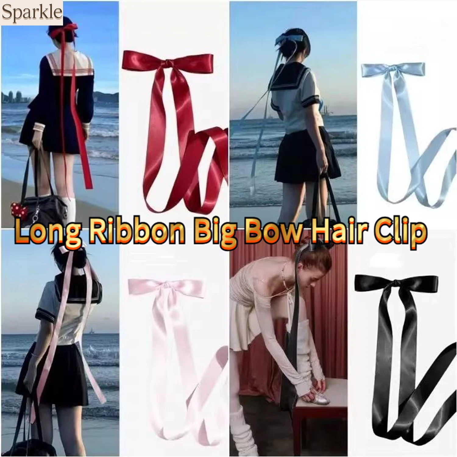 

Girls Extra Long Ribbon Hair Bow Alligator Clip Back of Head Top JK Cosplay Prop Hair Accessory