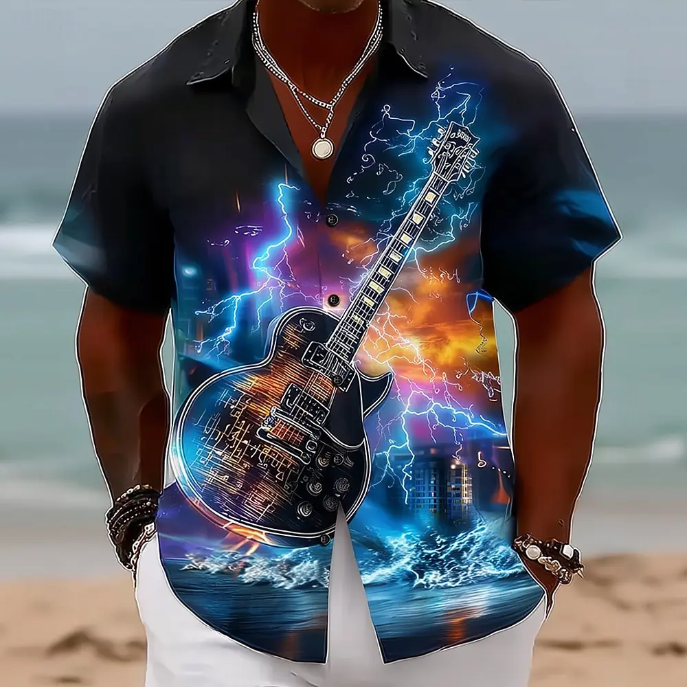 

Men's Retro Lightning Guitar Musical Instrument 3D Print Short Sleeve Shirt Button Up Turndown Collar for Holiday Spring Summer
