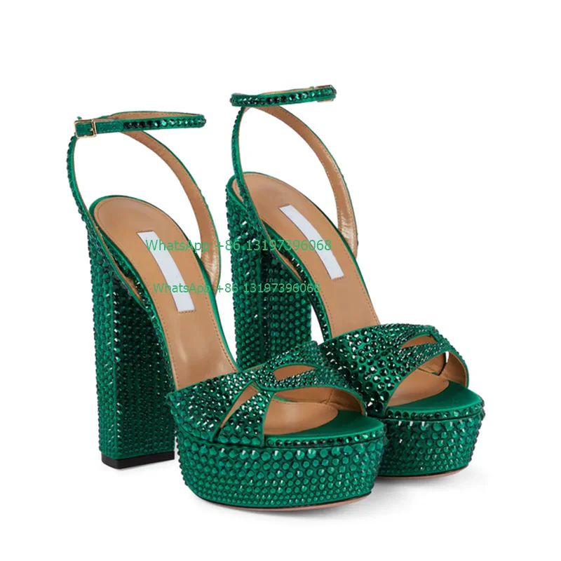 Lady dark green rhinestone design chunky heel square platform high heel large size 43 sexy slingback buckle dress summer sandals