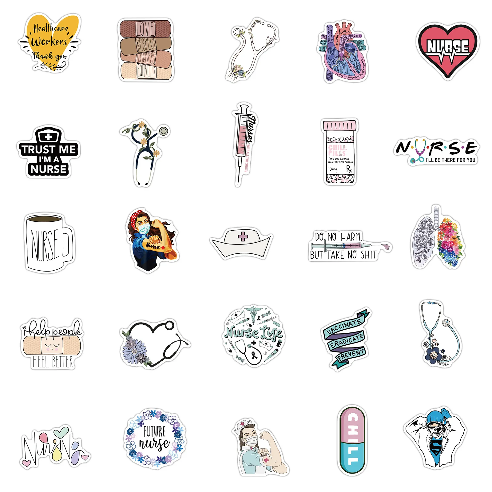 50PCS Nurse Stickers Cartoon Medical Vinyl Decal, Waterproof Nursing Sticker Pack Perfect for MacBook, phone, Laptop