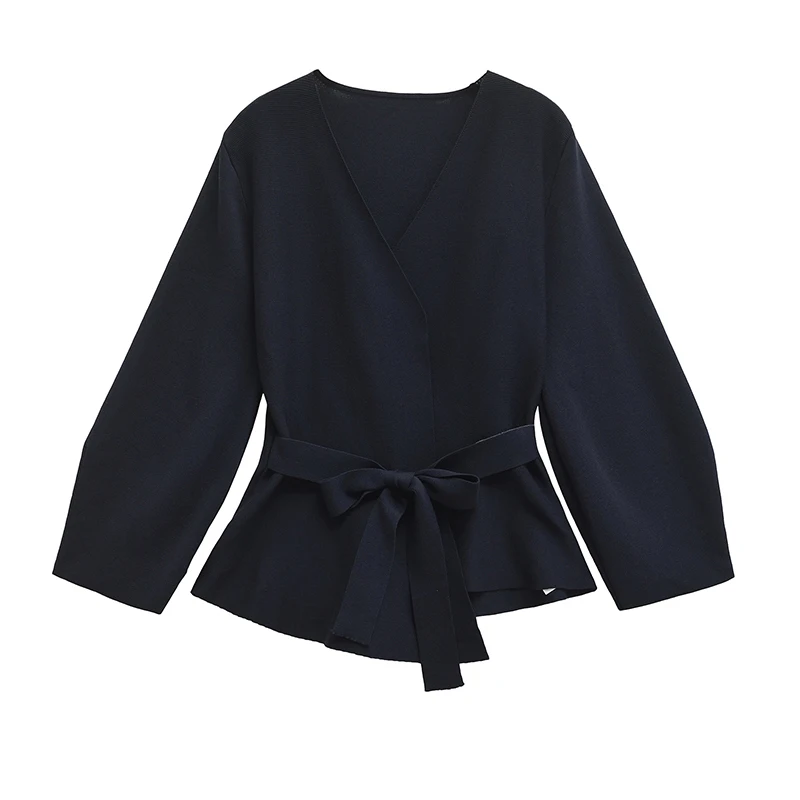 YENKYE Women Navy Blue With Belt Knit Blazer Long Sleeve V Neck Slim Autumn Jacket Coat Elegant Lady Outfits