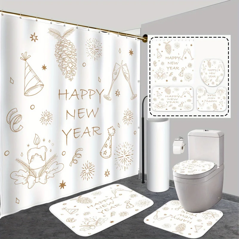 Happy New Year 4pcs Shower Curtain Set with Hooks - Waterproof, Non-Slip Bathroom Rug, U-Shape Toilet Mat & Lid Cover Pad - Vibr