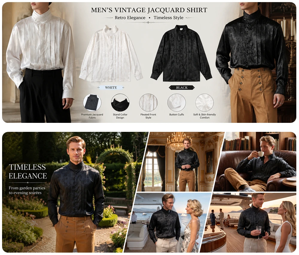 Men Satin Jacquard High-Collar Pleated Front Blouse with Floral Pattern Shirt