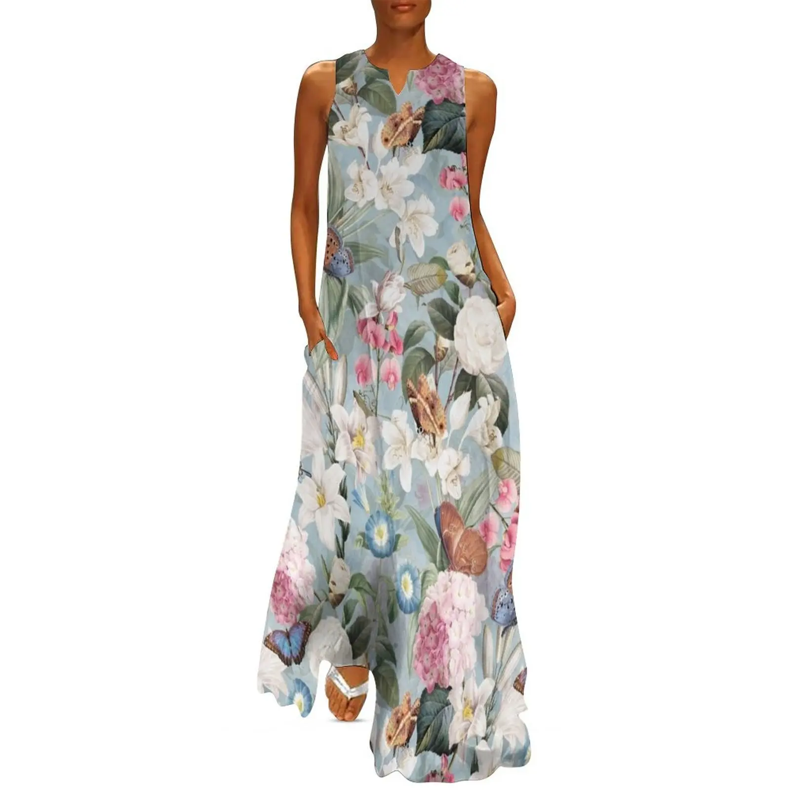 

Vintage Tropical Flowers - Hydrangea Lilies,Camellia And Exotic Butterflies, on Sepia Teal Long Dress