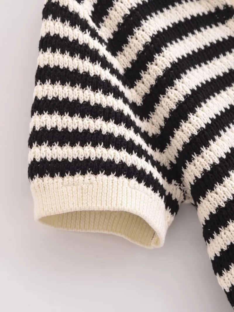 TRAFZR 2025 T-shirt en coton tricoté rayé pour femme col polo manches courtes décontracté printemps été quotidien rue week-end porter