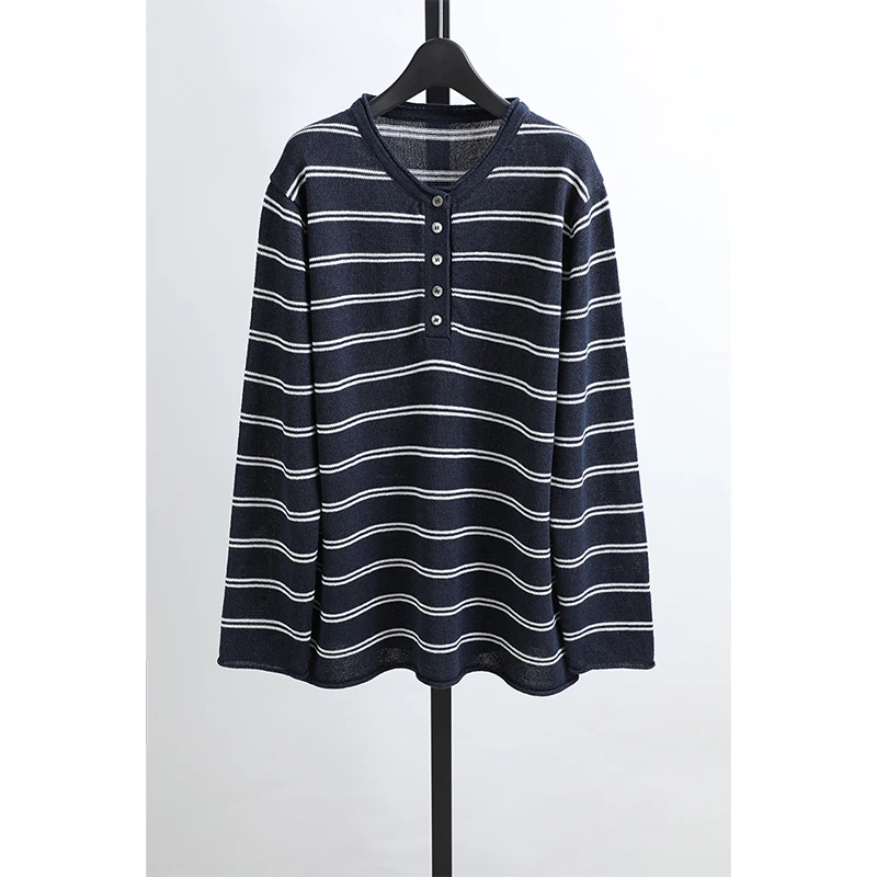 

Casual V-ne Elastic Striped Knitted T-irt Women's Faion Spring New Arrival Straight Cut Long Sve Cotton Blend Top