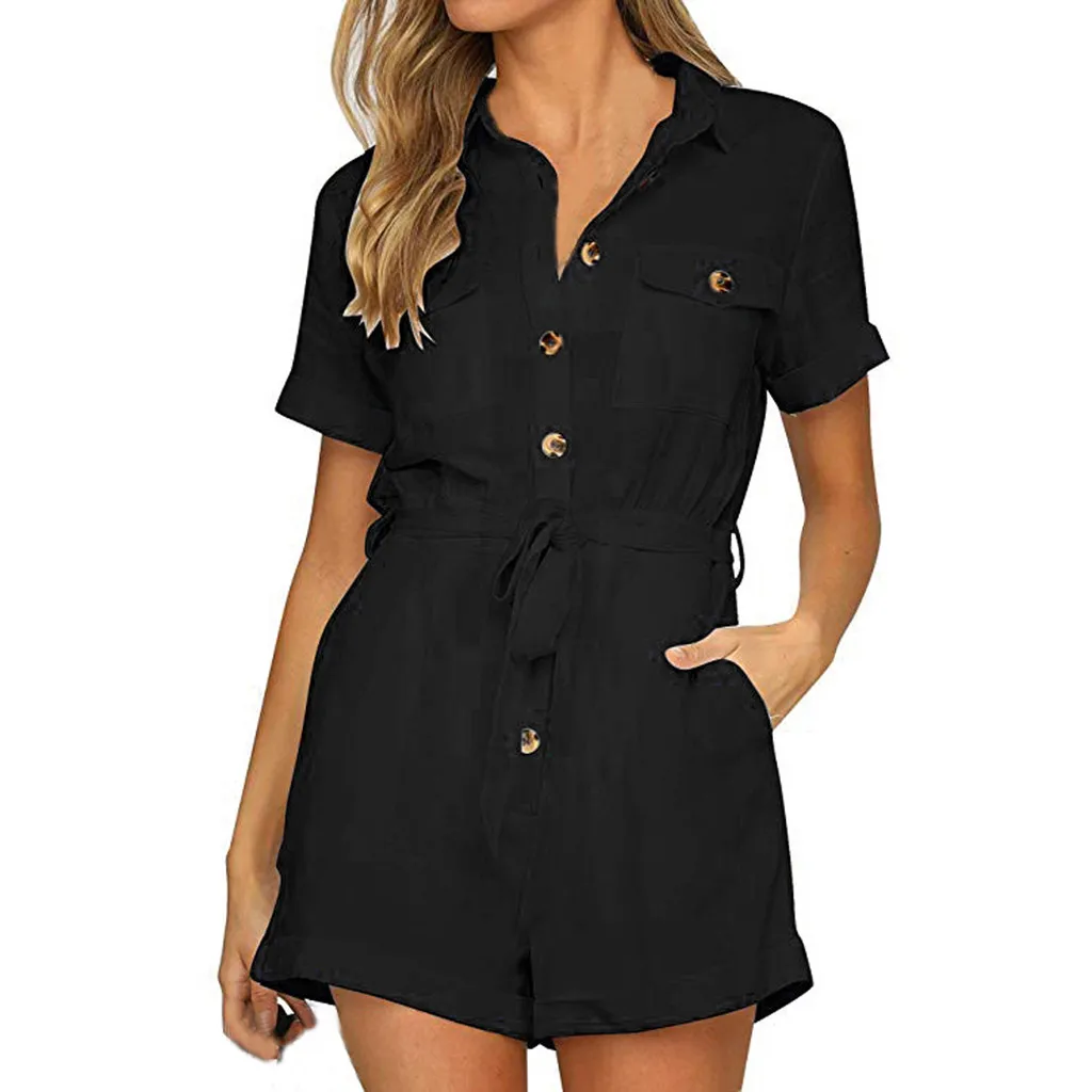 Women\'s Button Down Cuffed Short Sleeve Jumpsuits Fashion Casual Boho Playsuit Overalls Summer Solid Color Jumpsuit Rompers