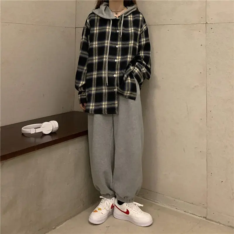 Harajuku Vintage Plaid Shirts Casual Long Sleeve Blouses Female Ulzzang Korean Oversize Top Patchwork Hooded Camisas Y Blusas