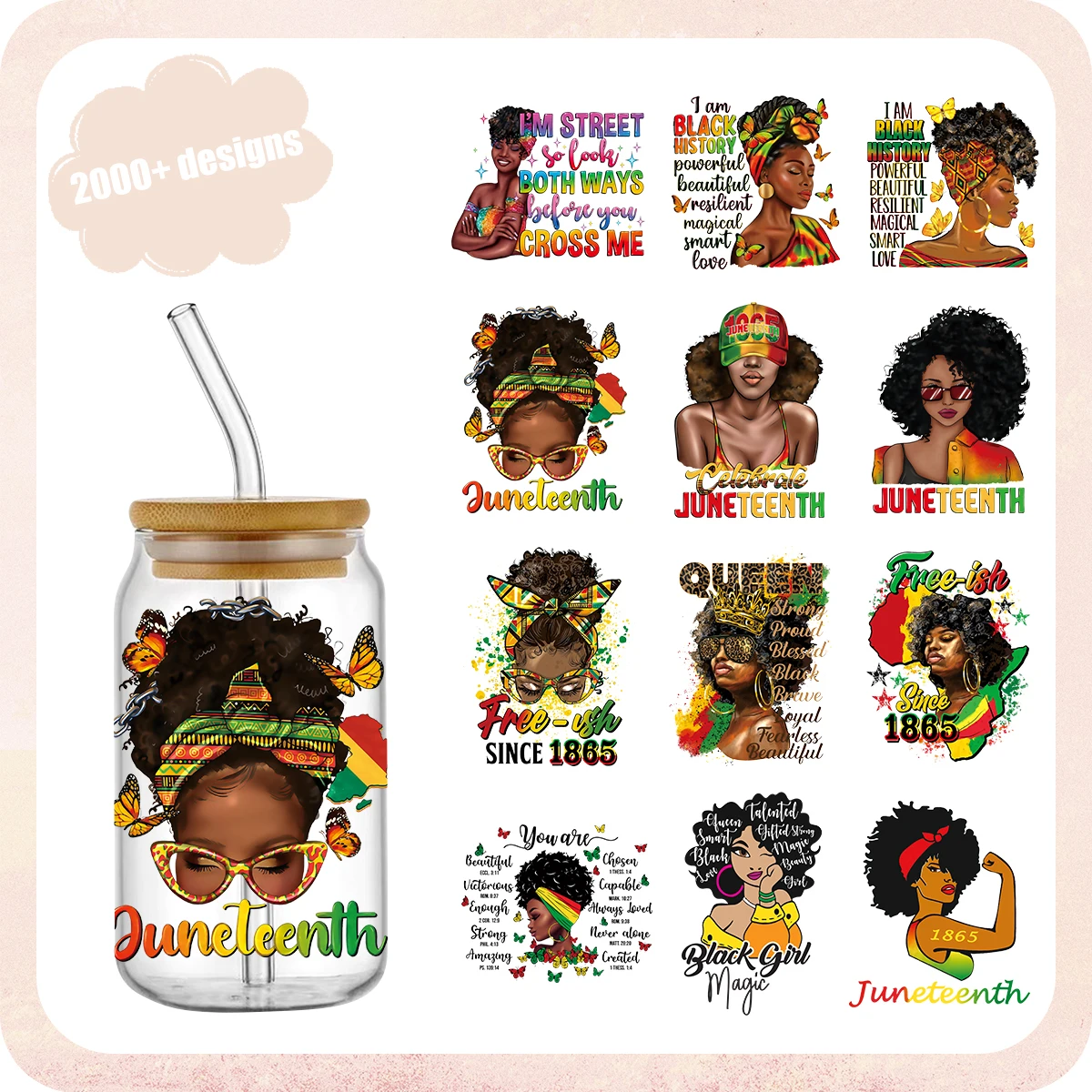 

Juneteenth Themed Fashion Lady UV DTF Cup Wraps Stickers Waterproof Sticker Pack For Decorating Mugs Cups Bottles Arts