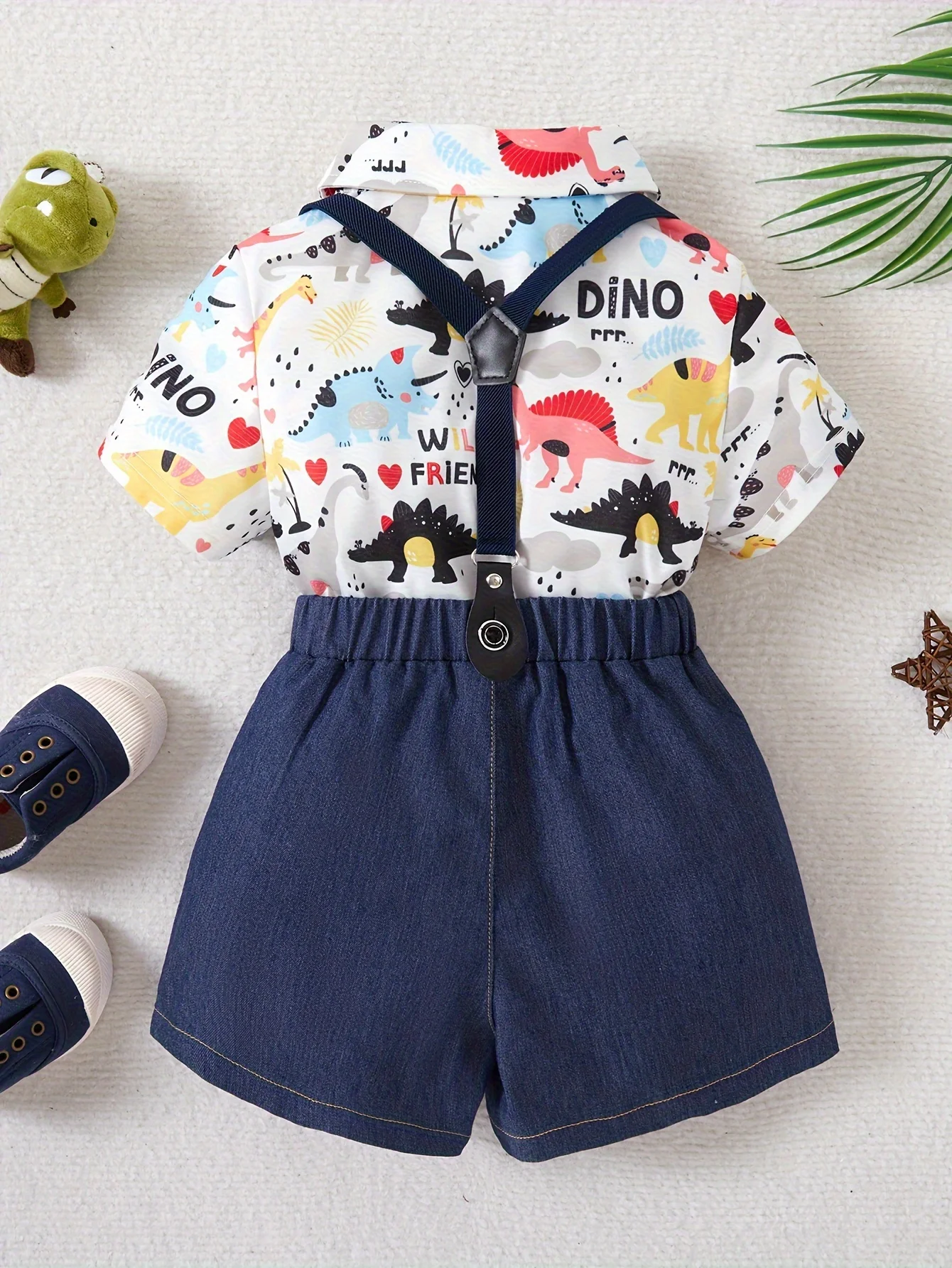 Boys cute dinosaur printed gentleman bow short sleeved shirt+shoulder strap denim shorts set, children\'s party casual gentlemanl