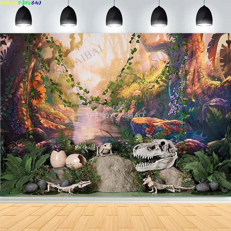 

Jurassic Gates Dinosaur Tropical Green Leaves Photography Backdrops Children 1st Birthday Safari Photo Studio Background CX-01