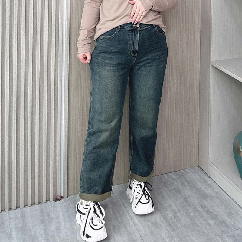 

Spring/Autumn XL Women's Straight Leg Jeans Quality High Waist Loose Stretched Casual Cuffs Boyfriend Pants