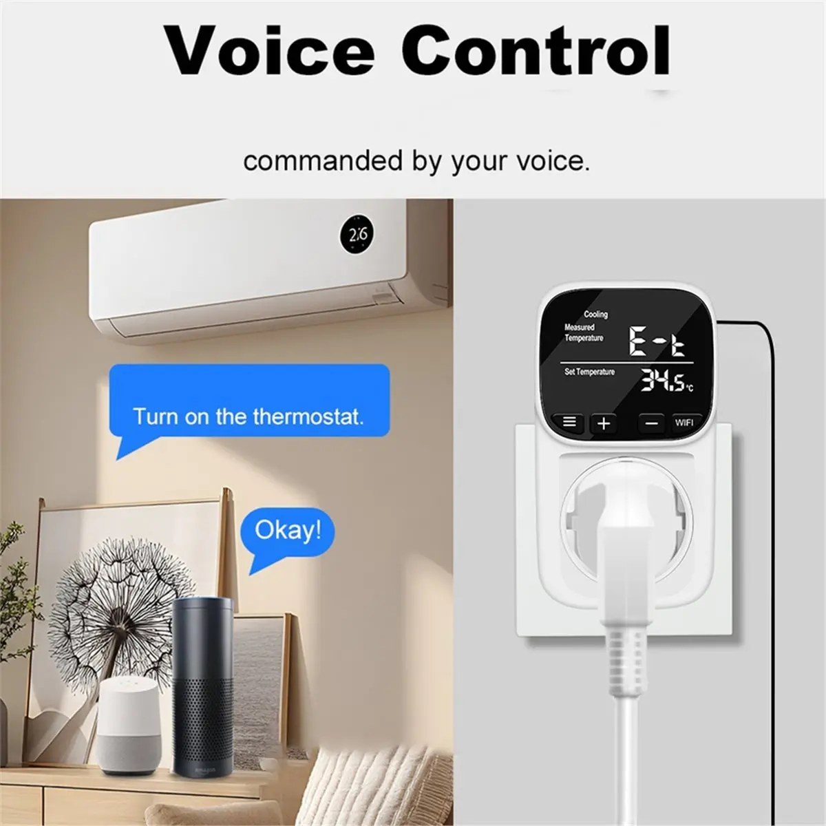 

Новый умный Wi-Fi термостат-розетка 2026 года с дистанционным управлением через приложение Tuya, таймером, датчиком температуры, переключателем для обогрева/охлаждения, вилка стандарта ЕС