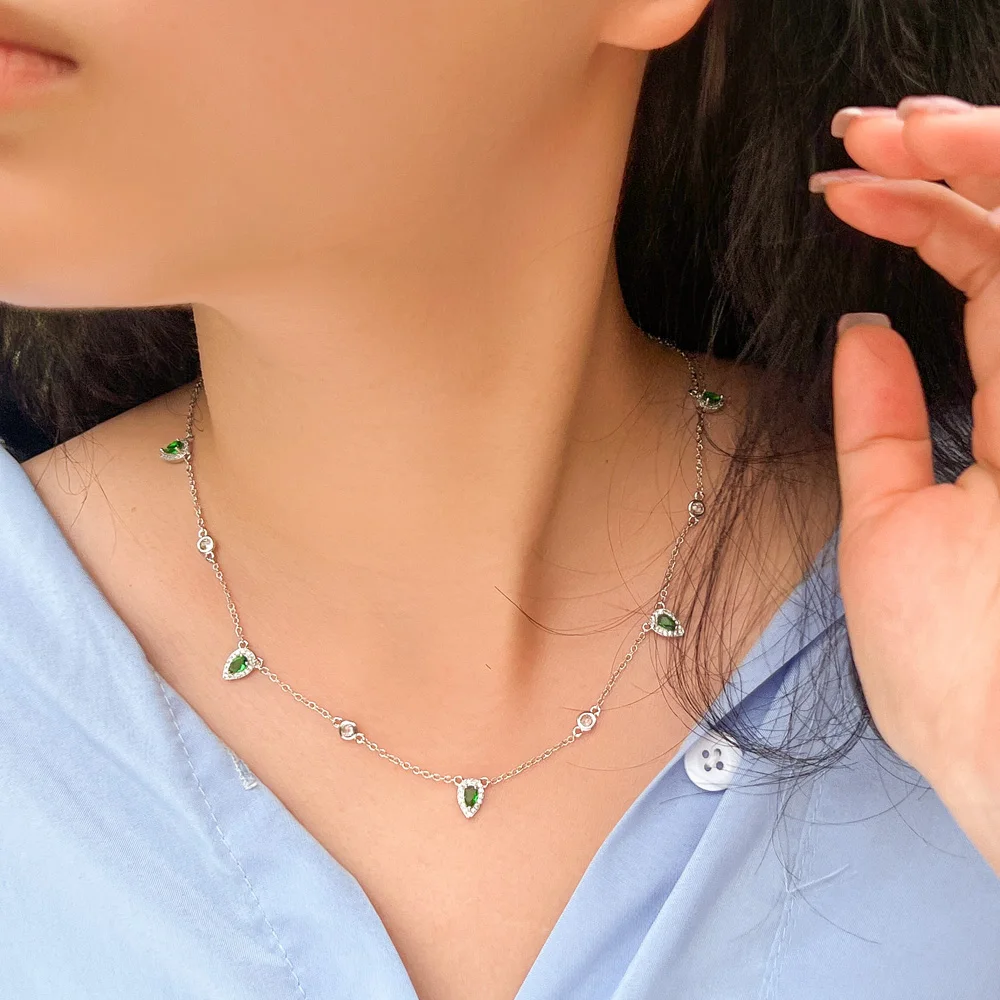 CWWZircons Stackable Delicate Water Drop Green Cubic Zirconia Charms Link Chain Necklace for Women Elegance Jewelry Gift CP124