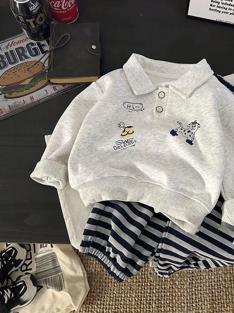 

Spring Faionable Collared Cartoon Sweatirt And Striped Pants Two-Piece Set for Baby Girls New 2026 Warm Cotton Ensemble