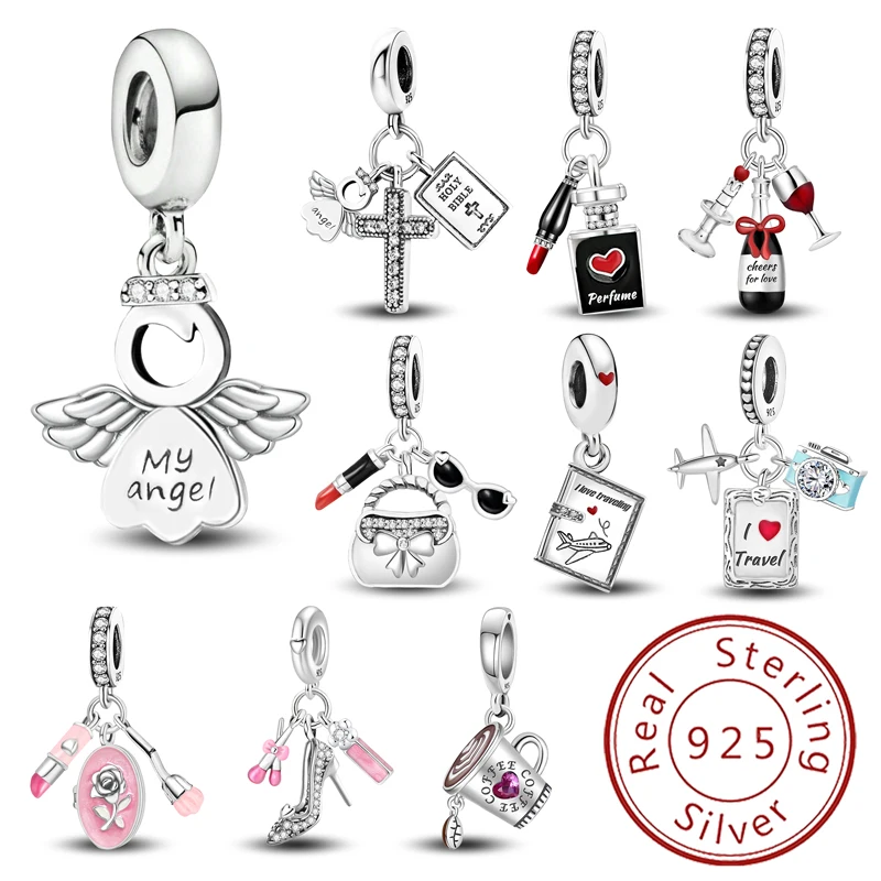 925er Sterlingsilber, Katze, Liebe, Herz, Flugzeug, Koffer, Charms, Perle, DIY-Armband, Armreif, Geschenk für hochwertigen edlen Schmuck