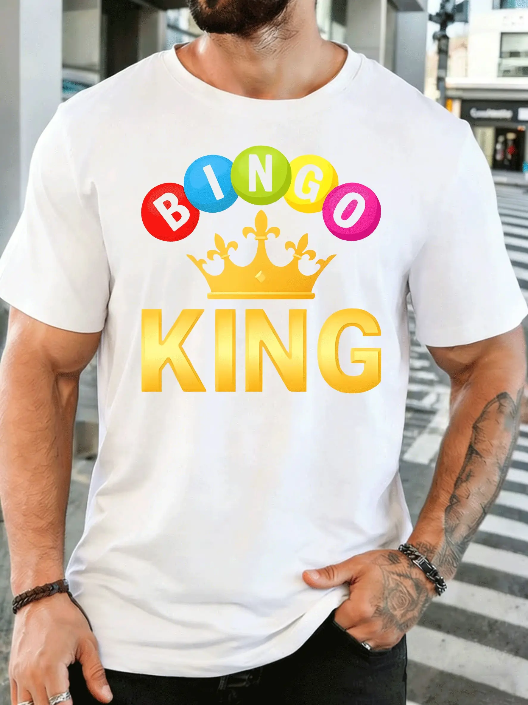 Bingo King Colorful Bingo Balls Crown Mens Print T Shirt Game Lover Graphic Tee Casual Short Sleeve Top Bingo Player Fan Gift