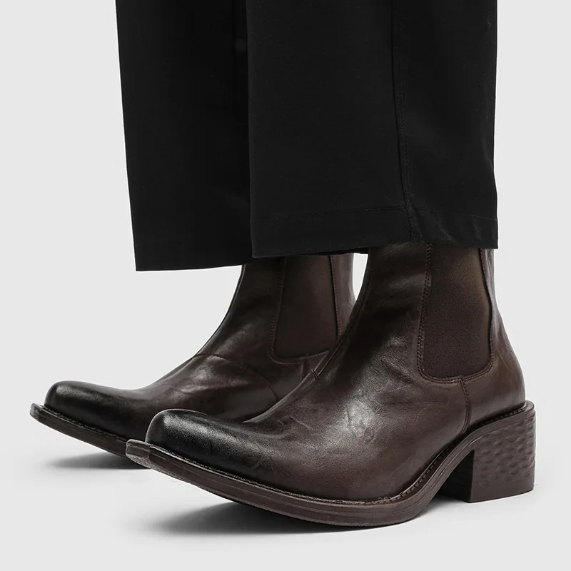 big size men fashion stage nightclub high chelsea boots black brown natural leather shoes cowboy autumn winter boot ankle botas