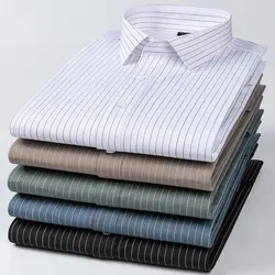 Camisa masculina com fibra de bambu listrada de manga comprida, antirrugas, sem engomar, formal, macia, casual, negócio, escritório, moda