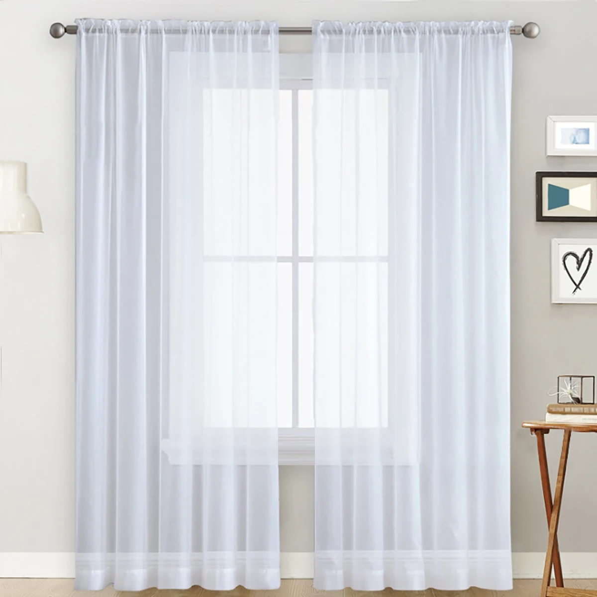 1pc solid color Terylene through pole transparent window screen, simple curtain decoration for living room and bedroom