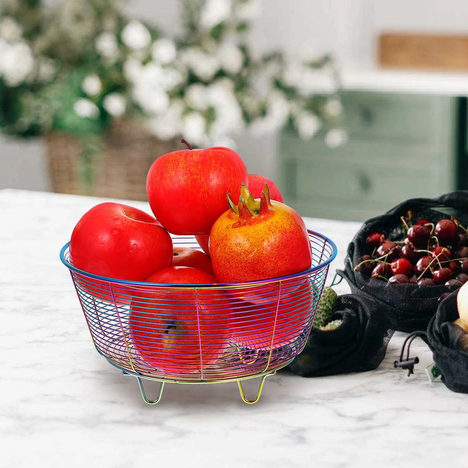 

Stainless Steel Fruit Basket Modern Elegant Design Large Capacity Wire Base Durable Kitchen Table Centerpiece Storage Container