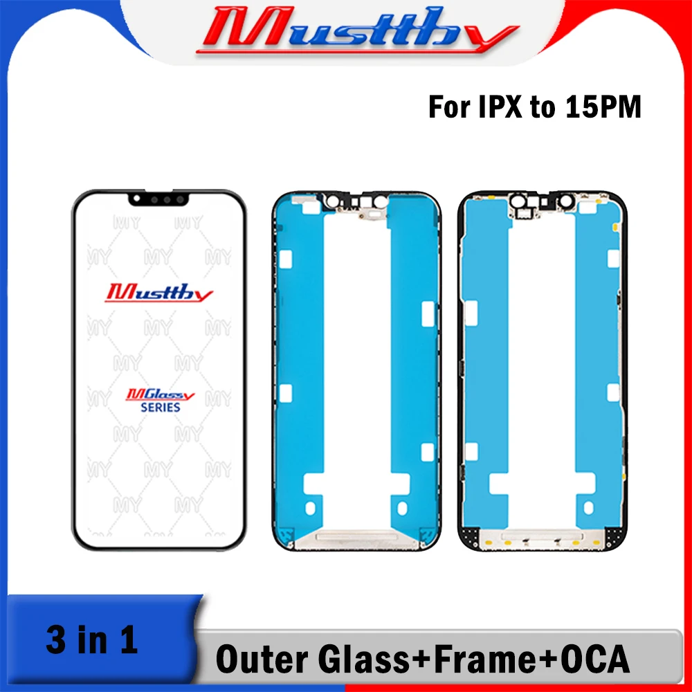 

Musttby 10pc 1:1 OEM Outer Screen Glass+OCA Film Ear Mesh LCD Frame for iPhone 12 15 14 13 Pro X Xs 15 pro Max Display Refurbish