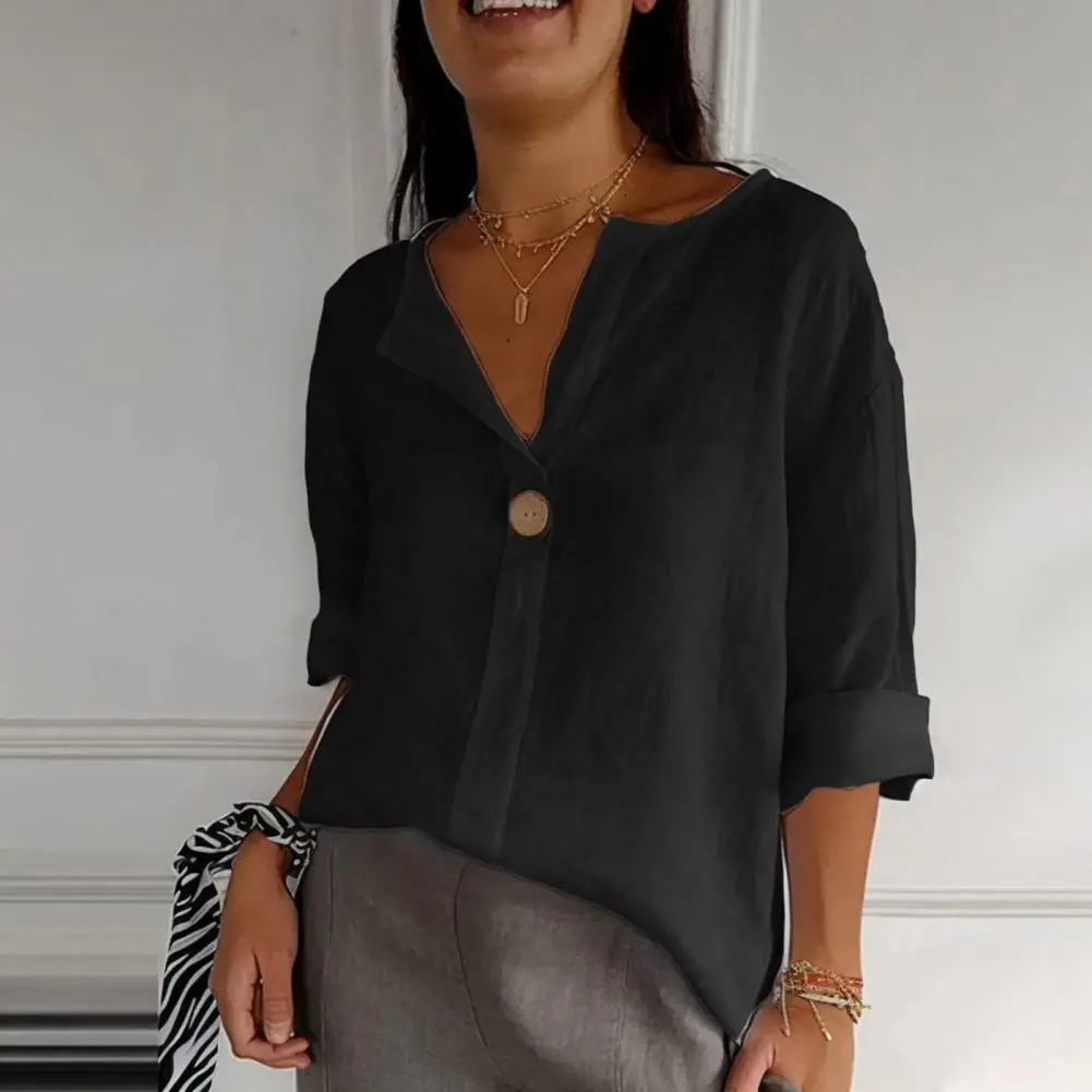 

Женская рубашка, лето-осень, новый однотонный топ, модные хлопковые льняные рубашки со средним рукавом и v-образным вырезом на пуговицах, повседневные свободные рубашки для женской одежды