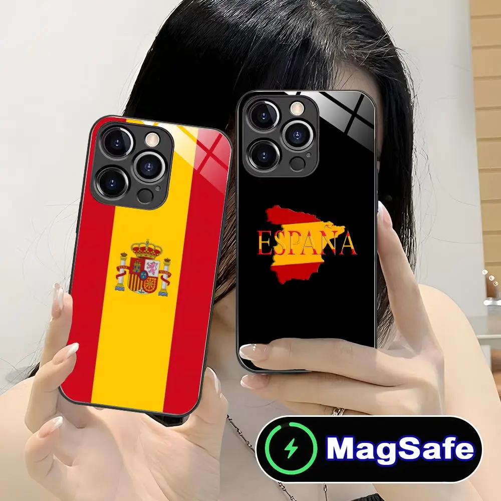 

Чехол для телефона с испанским флагом для iPhone 17 16 15 14 13 12 11 Air Pro Max Plus Mini MagSafe, стеклянный, цветной, роскошный, красивый