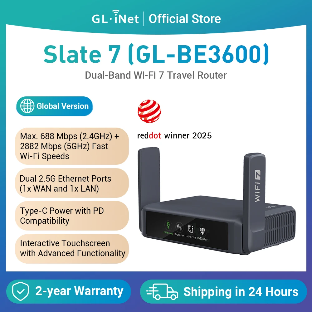 GL.iNet GL-BE3600( Slate 7) Wi-Fi 7 Router, Dual 2.5G Ports, Touch Screen,  3570Mbps Gaming Hotspot, VPN for Public & Hotel