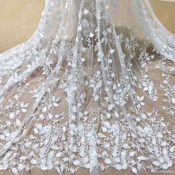 130CM Wide Ivory Color 2024 HOT 3D Appliqued Flowers Leaf Petals Sequins Embroidery Lace Tulle Fabric Wedding Dress Sewing Laces