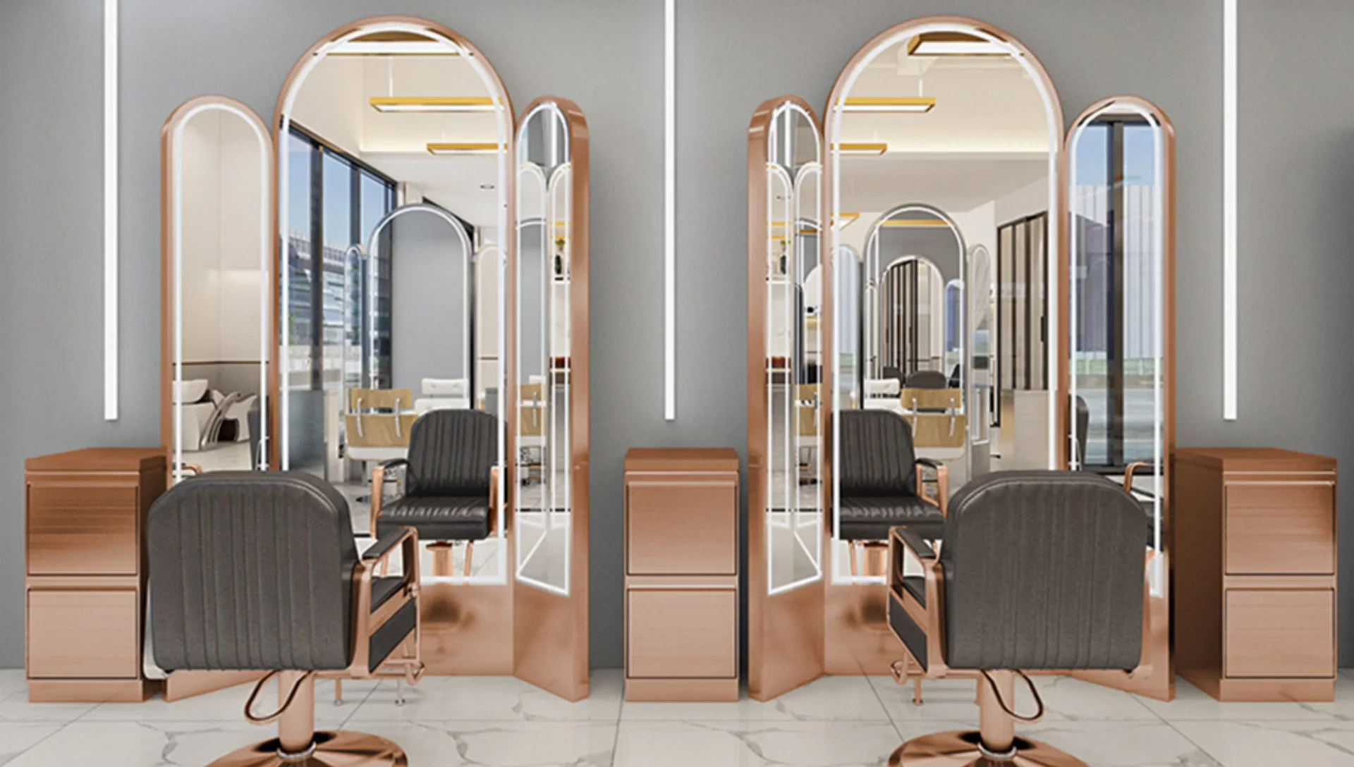 

Hot Selling Fancy Full Length Solid Metal Frame Arch Corner Wall LED Hair Salon Mirrors