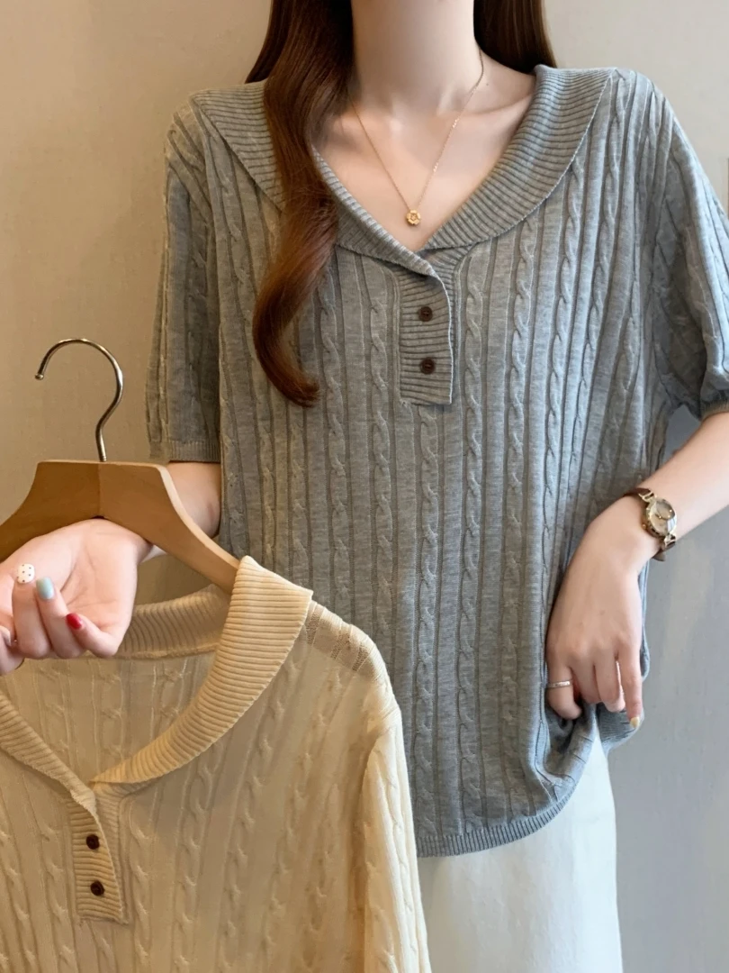 

plus Size Women's Short Sleeve Knitted Shirt Vintage Doll Collar Summer Slimming Versatile Knitted Top High Waist Commute Style