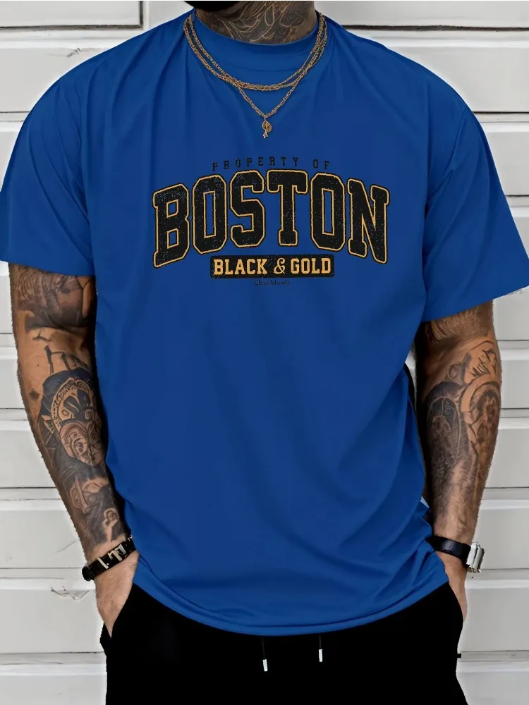Men's Summer 100 Cotton Fashionable Casual Loose Plus Size Boston Letter Printed Sports Round Neck Short Sleeved T-shirt Top